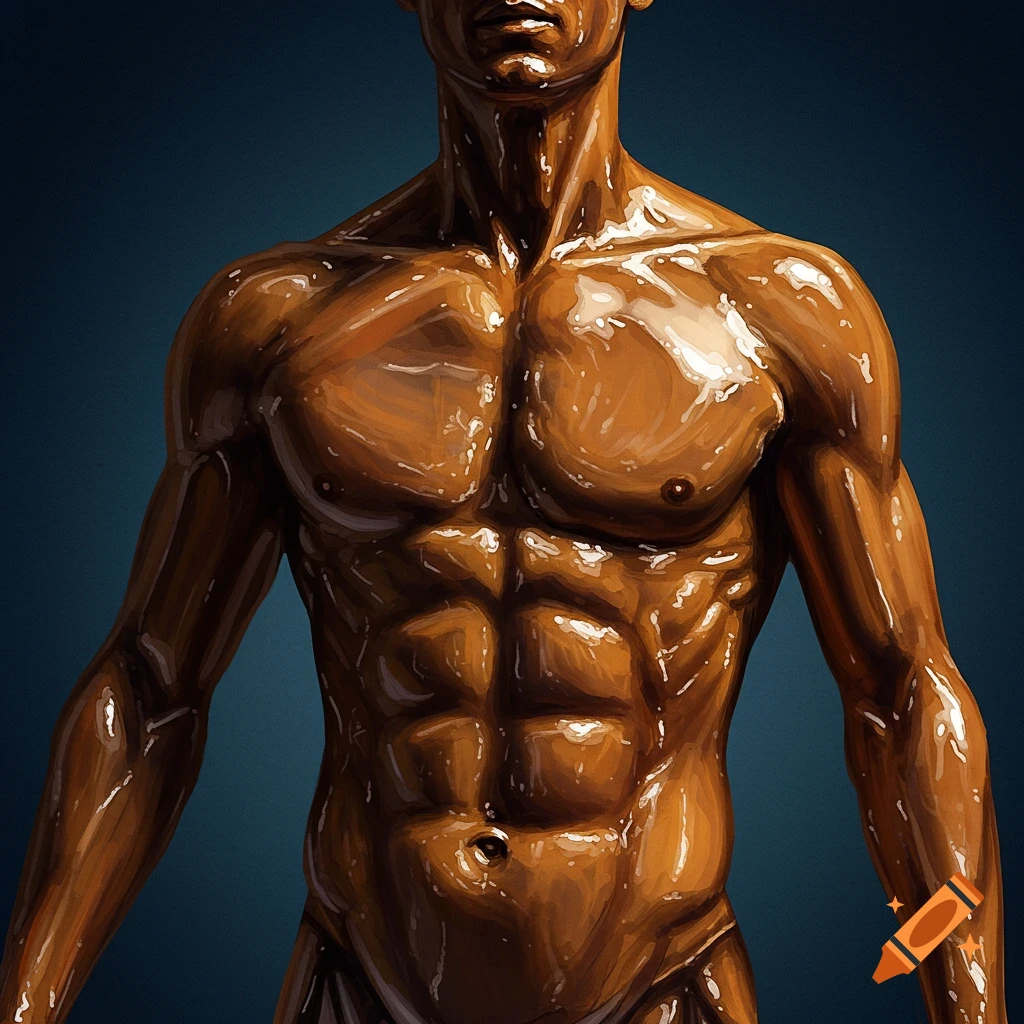 Close-up of a muscular male torso covered in glossy brown oil against a dark background.