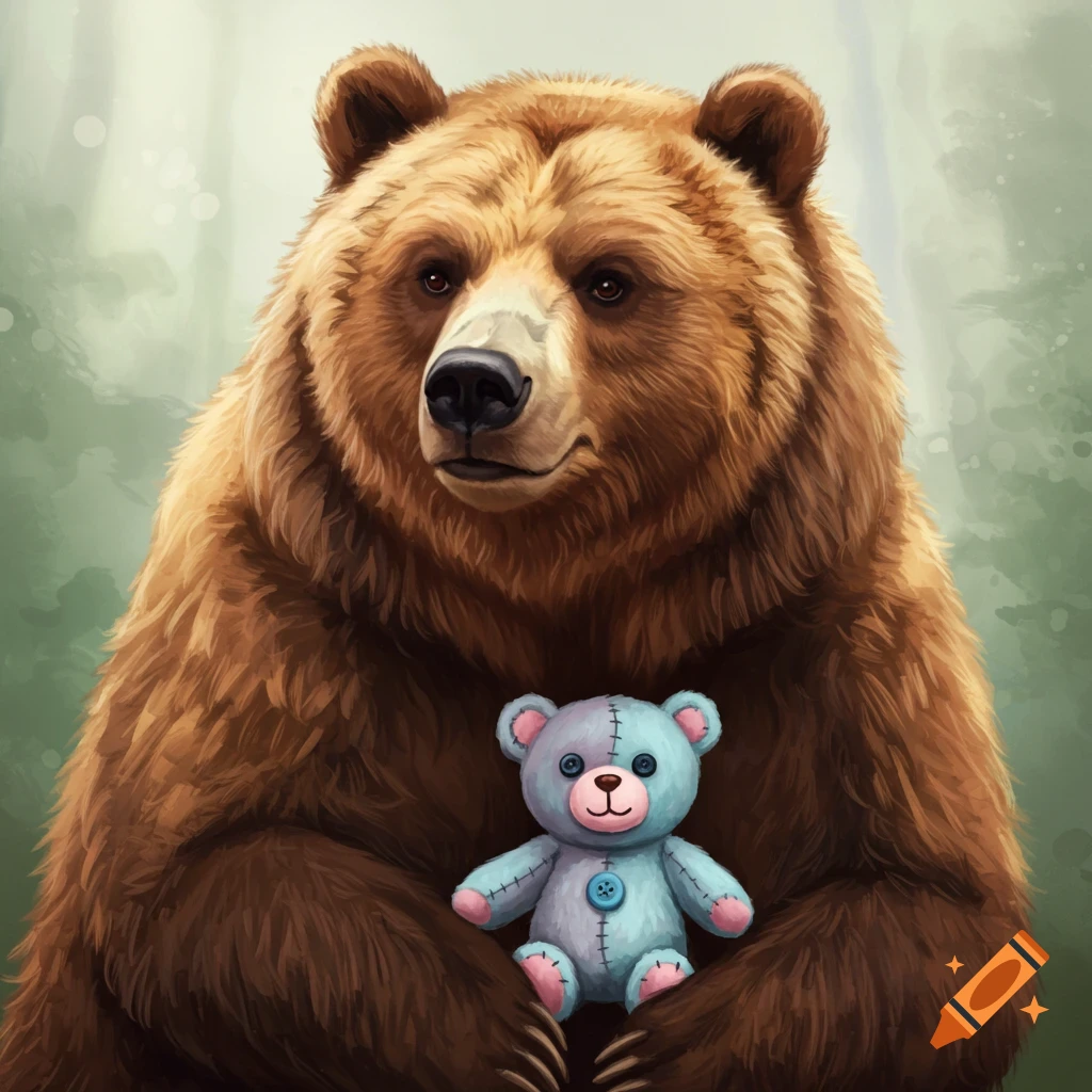 A large brown bear holds a small blue teddy bear in a forest illustration style.