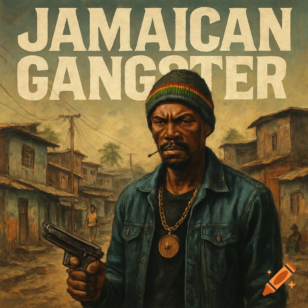 Painterly image of a Jamaican man in a Rasta hat and denim jacket holding a gun in a slum, with 'JAMAICAN GANGSTER' text.
