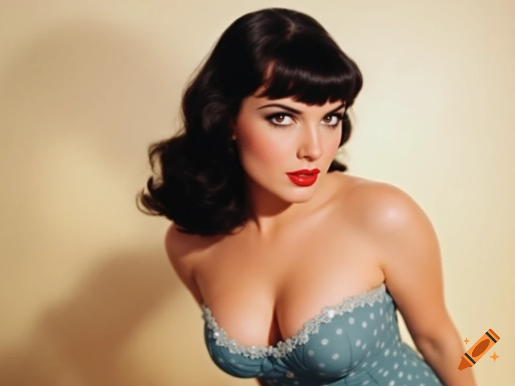 A close-up portrait of a woman in a pin-up style, with dark hair and bangs, wearing a blue polka dot dress.