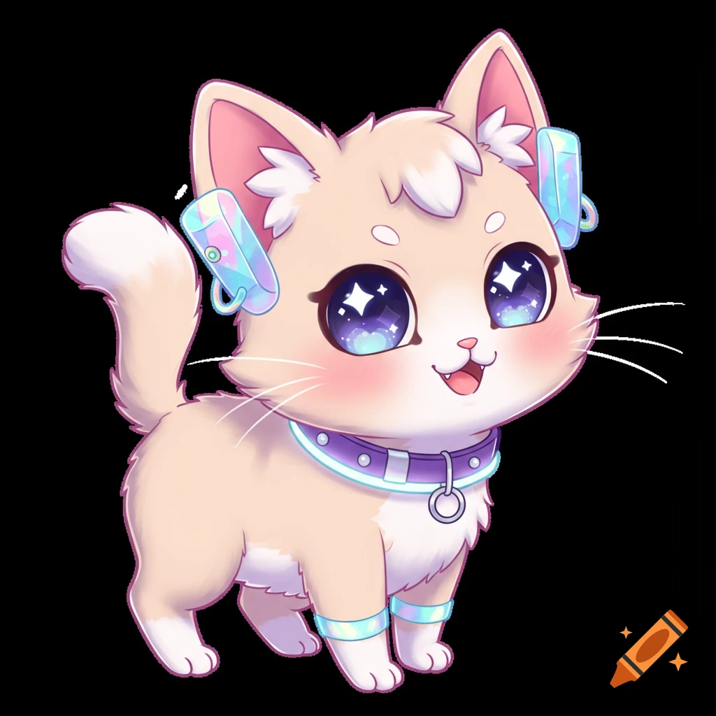 Cute chibi cat with large sparkling eyes, pastel colors, and futuristic accessories.