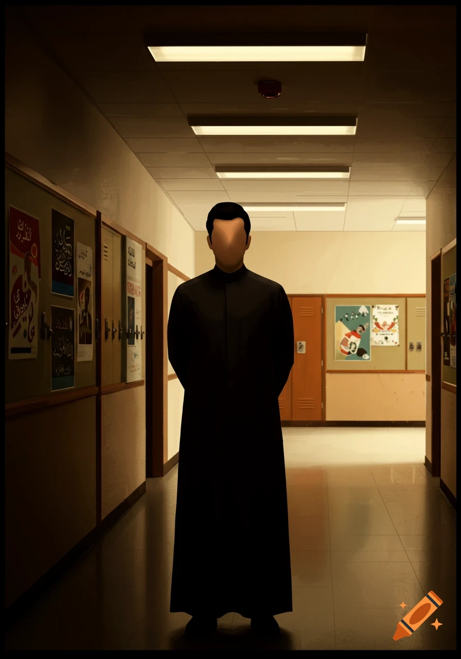 A faceless figure in a long black robe stands in a school hallway lined with lockers and posters.