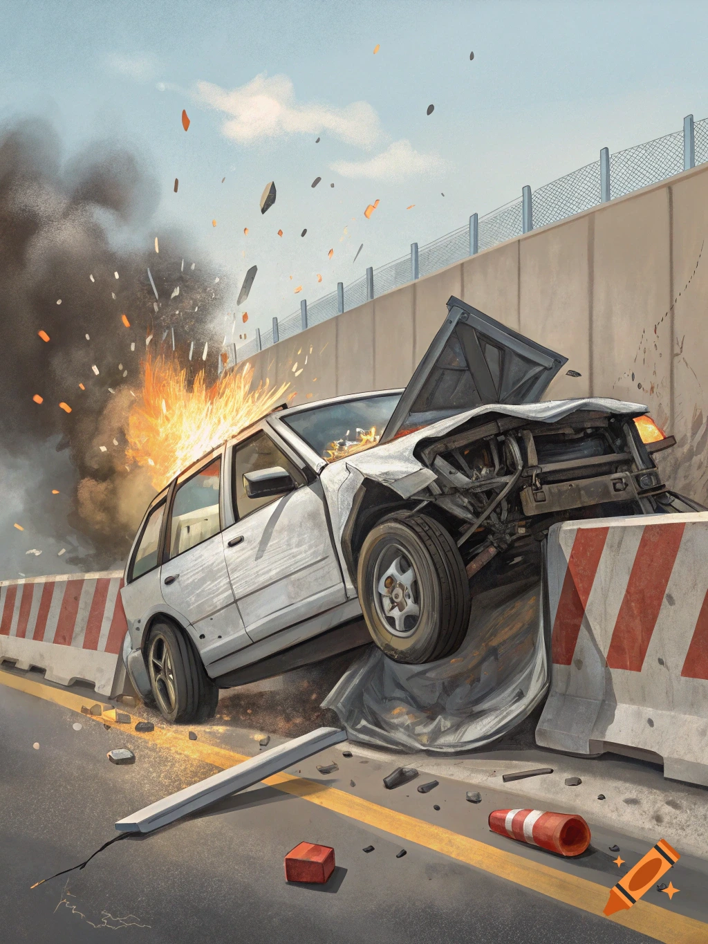 Illustration of a white car crashing into a concrete barrier on a road with fire and debris.