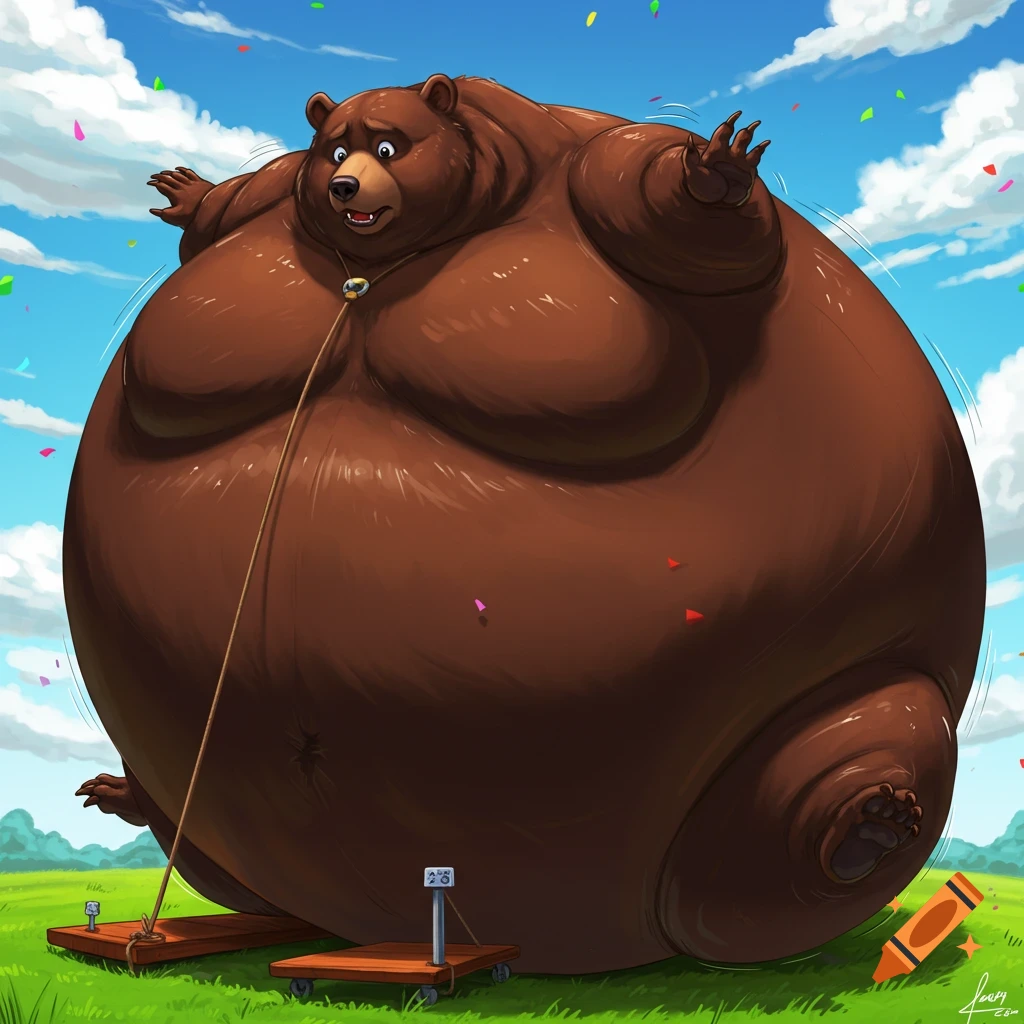 Giant inflated brown bear floating, tethered to carts with scales, under a blue sky with confetti. Cartoon style.