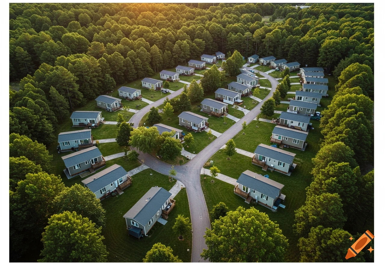 Aerial view of a tiny home community nestled among trees.