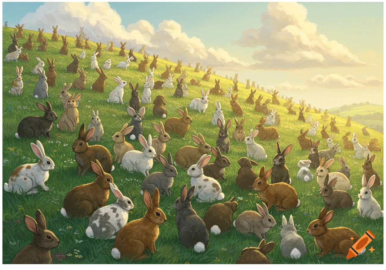 Digital illustration of many rabbits on a grassy hill under a cloudy sky.