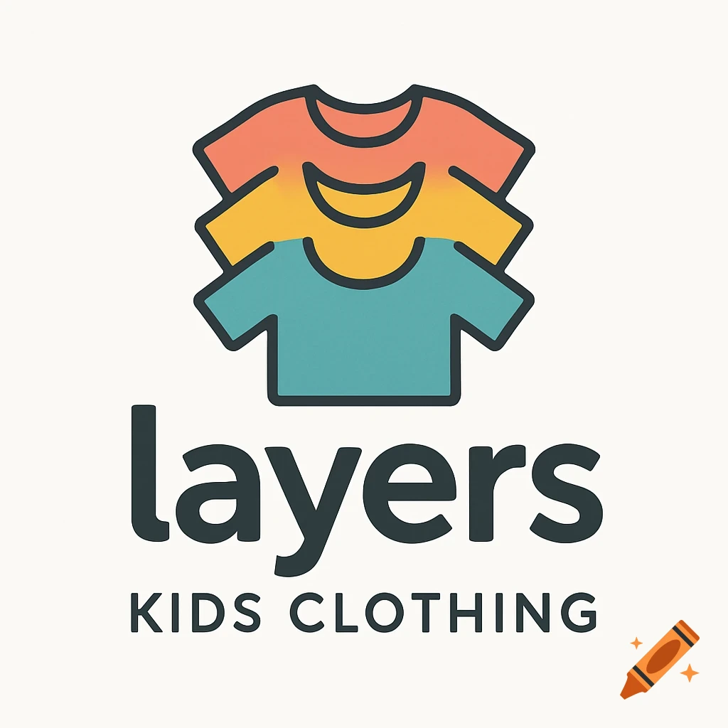 Logo with stacked shirts and text 'layers KIDS CLOTHING'