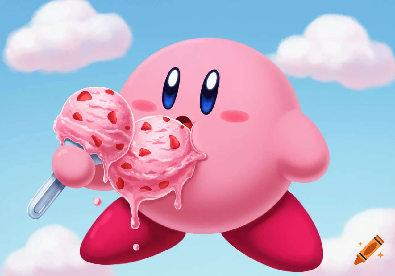 Kirby eating strawberry gelato with a spoon against a blue sky.