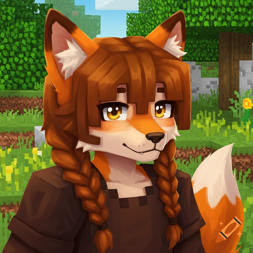 Portrait of a Minecraft-style fox girl with braided brown hair in a Minecraft forest.