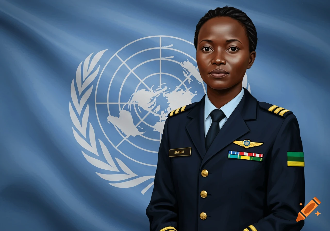 Portrait of a woman in uniform standing in front of a UN flag.