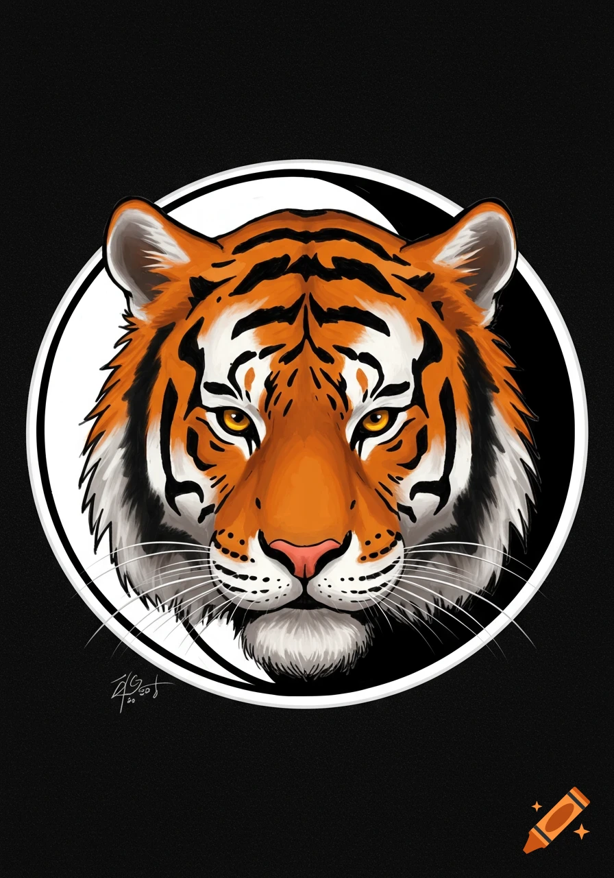 Stylized drawing of a tiger face centered within a yin-yang symbol on a black background.