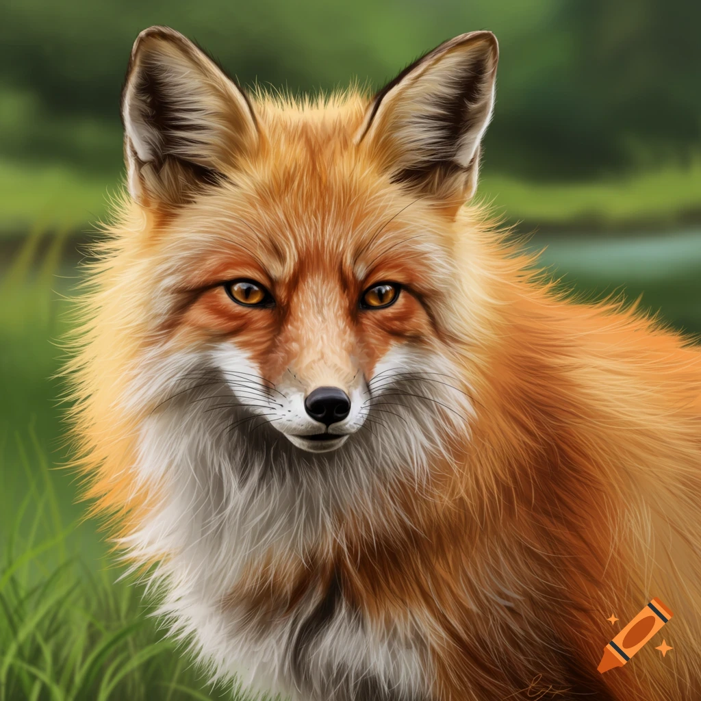 Close-up portrait of a red fox in a grassy natural setting.