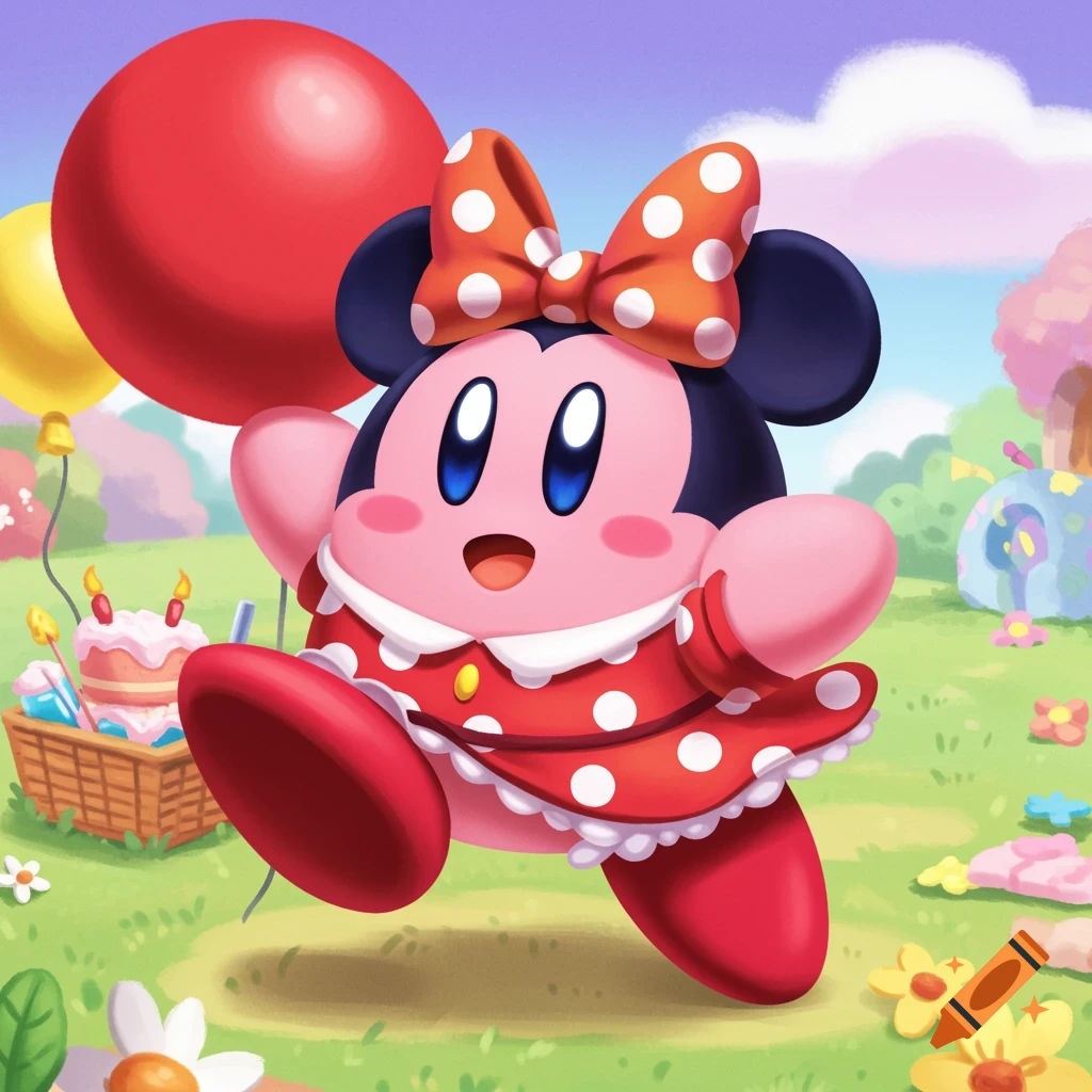 Kirby dressed as Minnie Mouse running with balloons in a cartoon field.