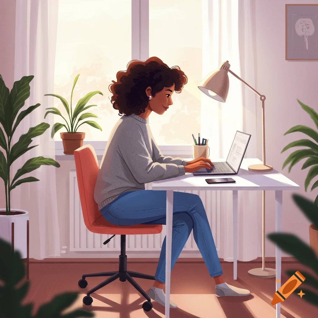 Illustration of a person working on a laptop at a desk in a sunny home office with plants.