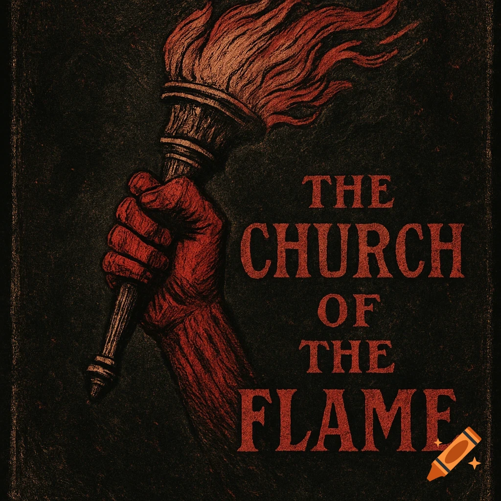 A red hand holding a burning torch in a vintage etching style. Text reads 'The Church of the Flame'.
