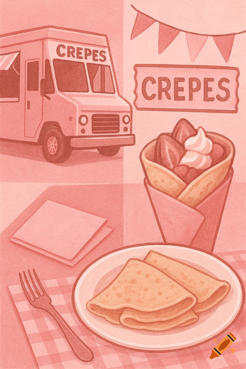 Pink monochromatic illustration of a food truck, a folded crepe, napkins, a fork, and a crepe cone with strawberries and cream.