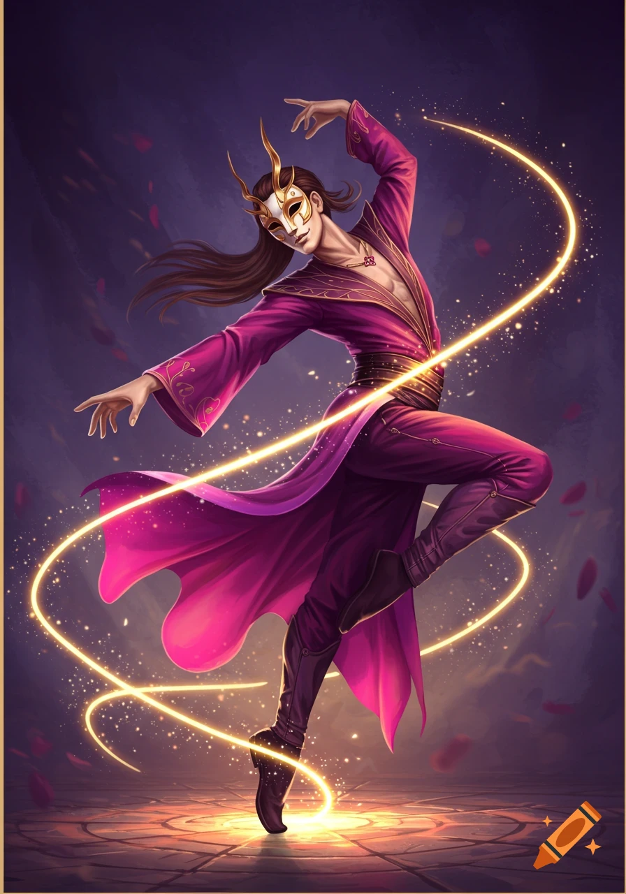 Fantasy art of an elegant masked male dancer in a pink and purple costume with glowing light trails.
