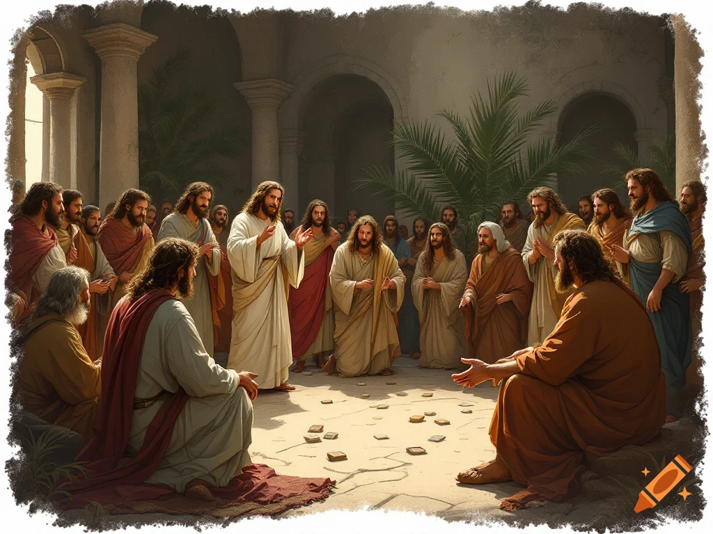 A group of robed men gather in an ancient courtyard, listening to one figure speaking.