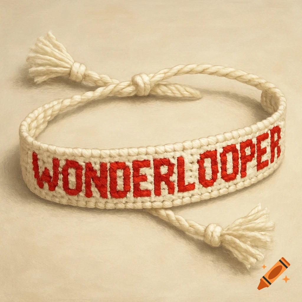 A white braided friendship bracelet with 'WONDERLOOPER' in red lettering.