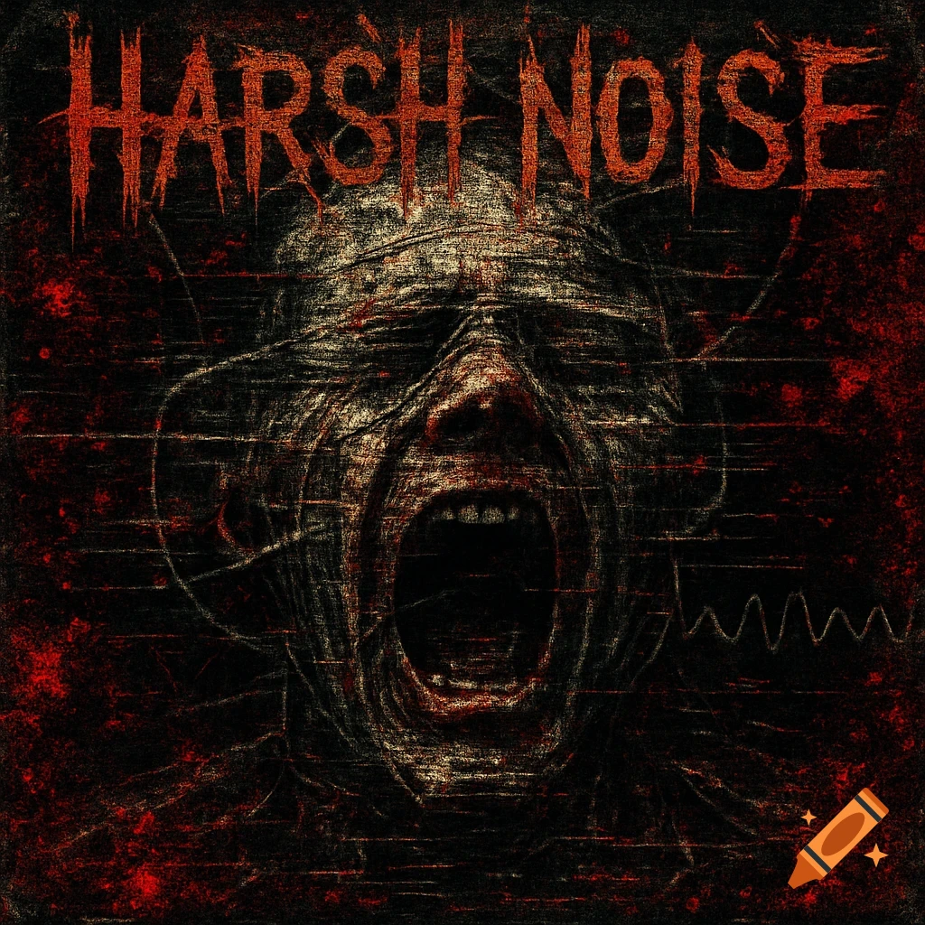 Abstract industrial horror album cover with a screaming distorted face and the text 'HARSH NOISE'
