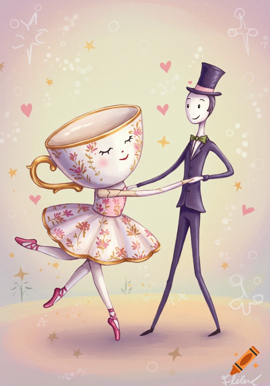 Whimsical illustration of a teacup ballerina dancing with a man in a suit.