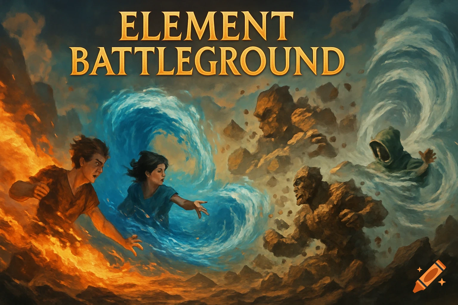 Fantasy elemental battle scene with figures controlling fire, water, earth, and wind, with the title ELEMENT BATTLEGROUND.