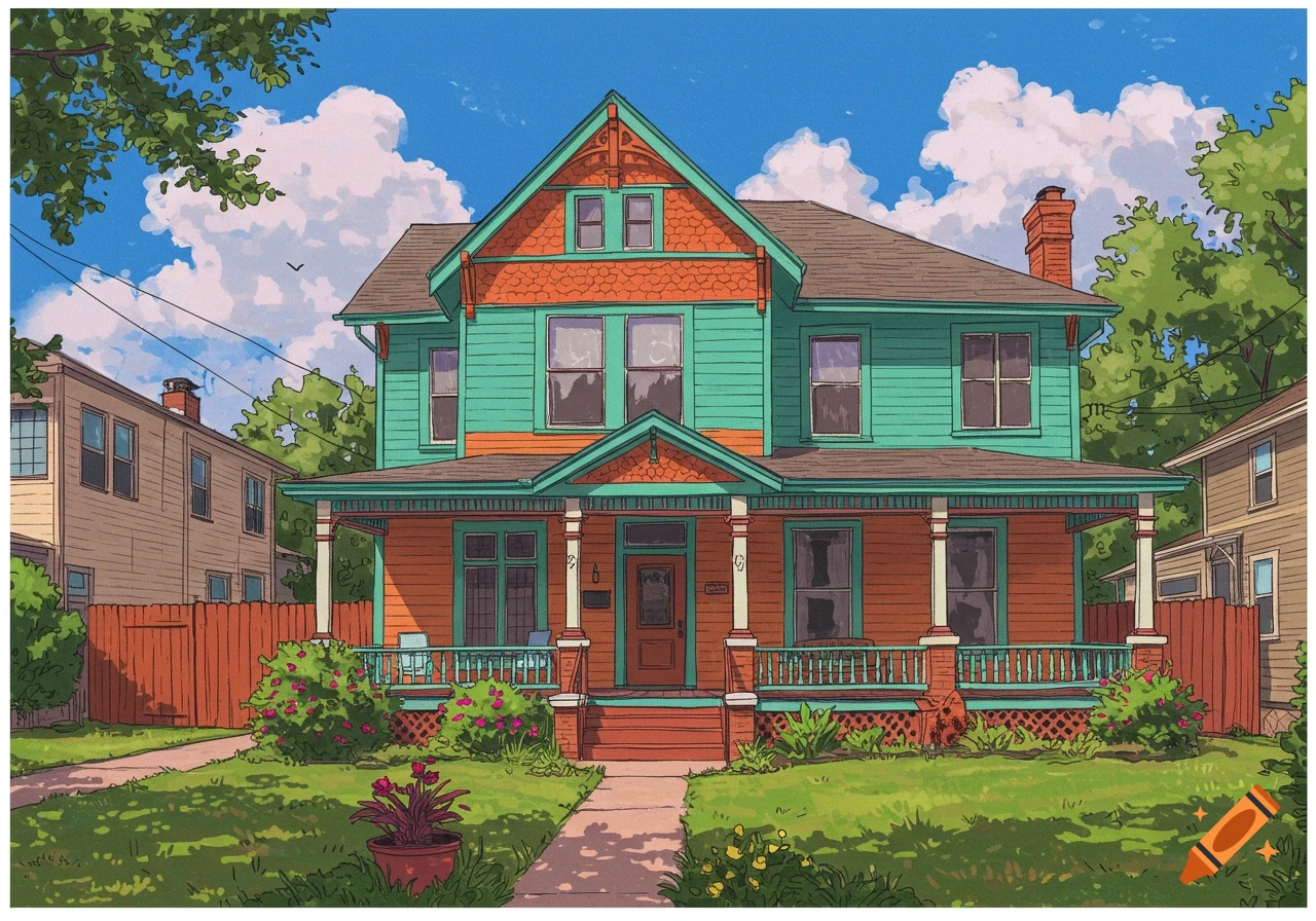Anime style illustration of a colorful house with a large front porch and yard.
