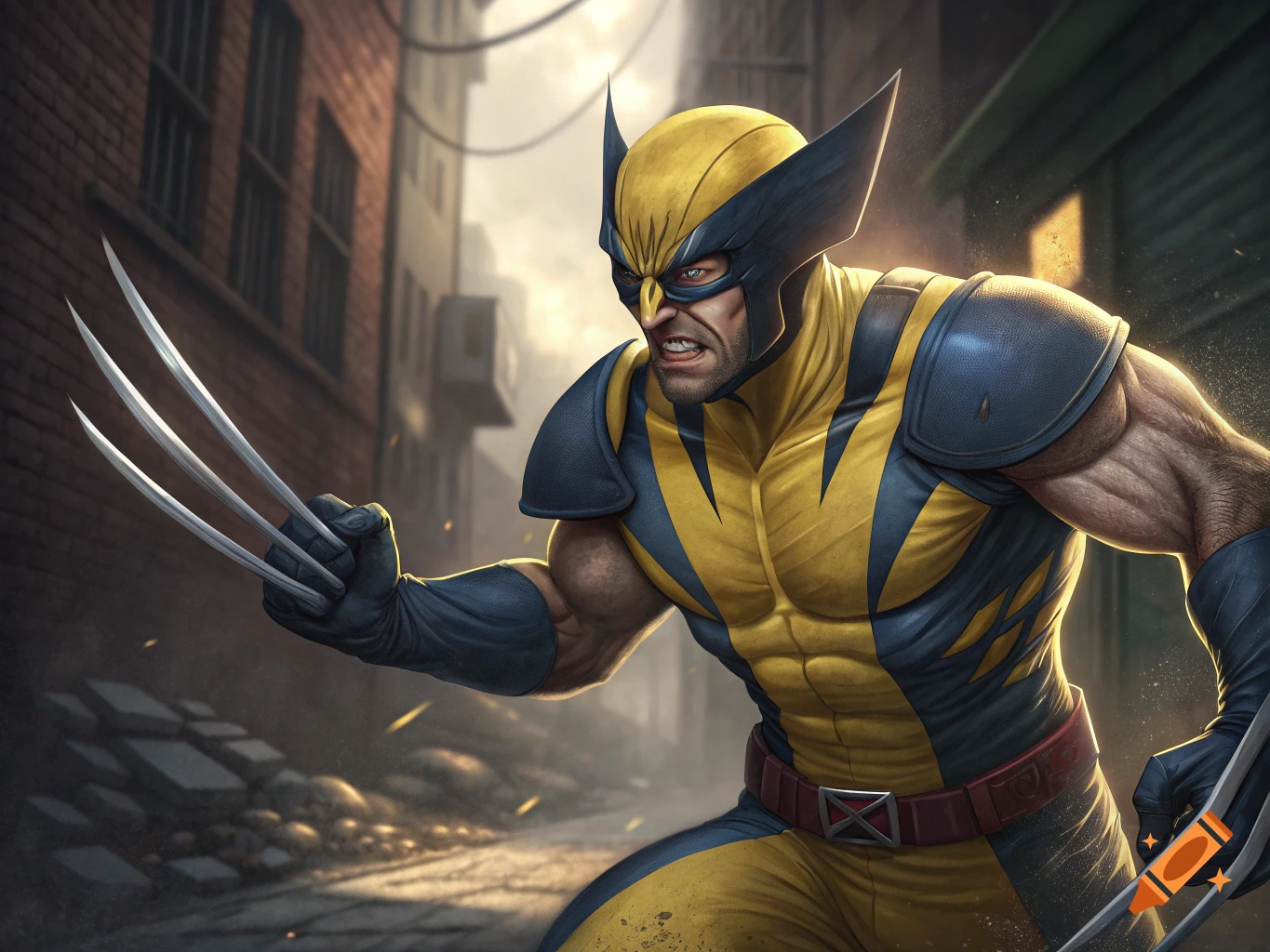 Wolverine in his yellow and blue suit with claws extended, standing in an urban alley.