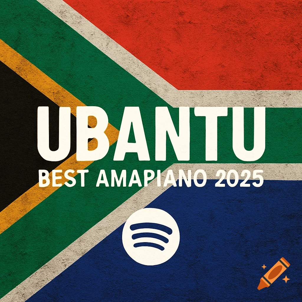 South African flag with text UBANTU BEST AMAPIANO 2025 and Spotify logo