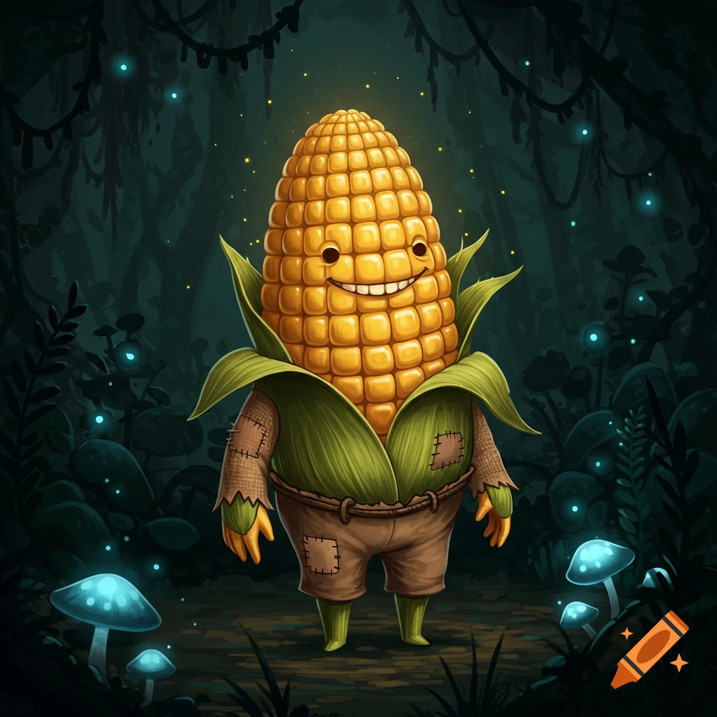 A cute corn character with a smiling face and patched clothes stands in a dark forest with glowing mushrooms and fireflies.
