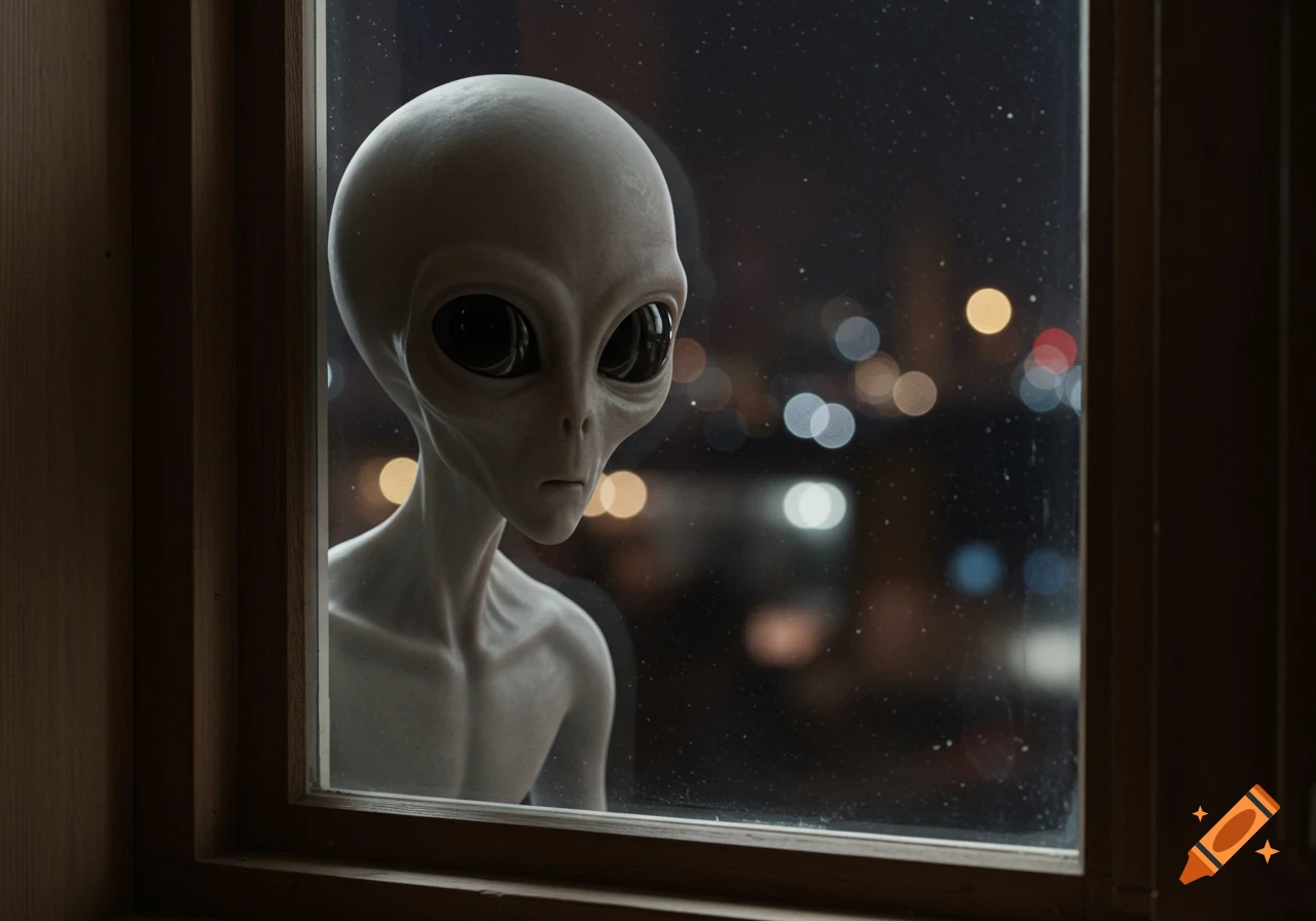 Photorealistic grey alien looks through a window at night