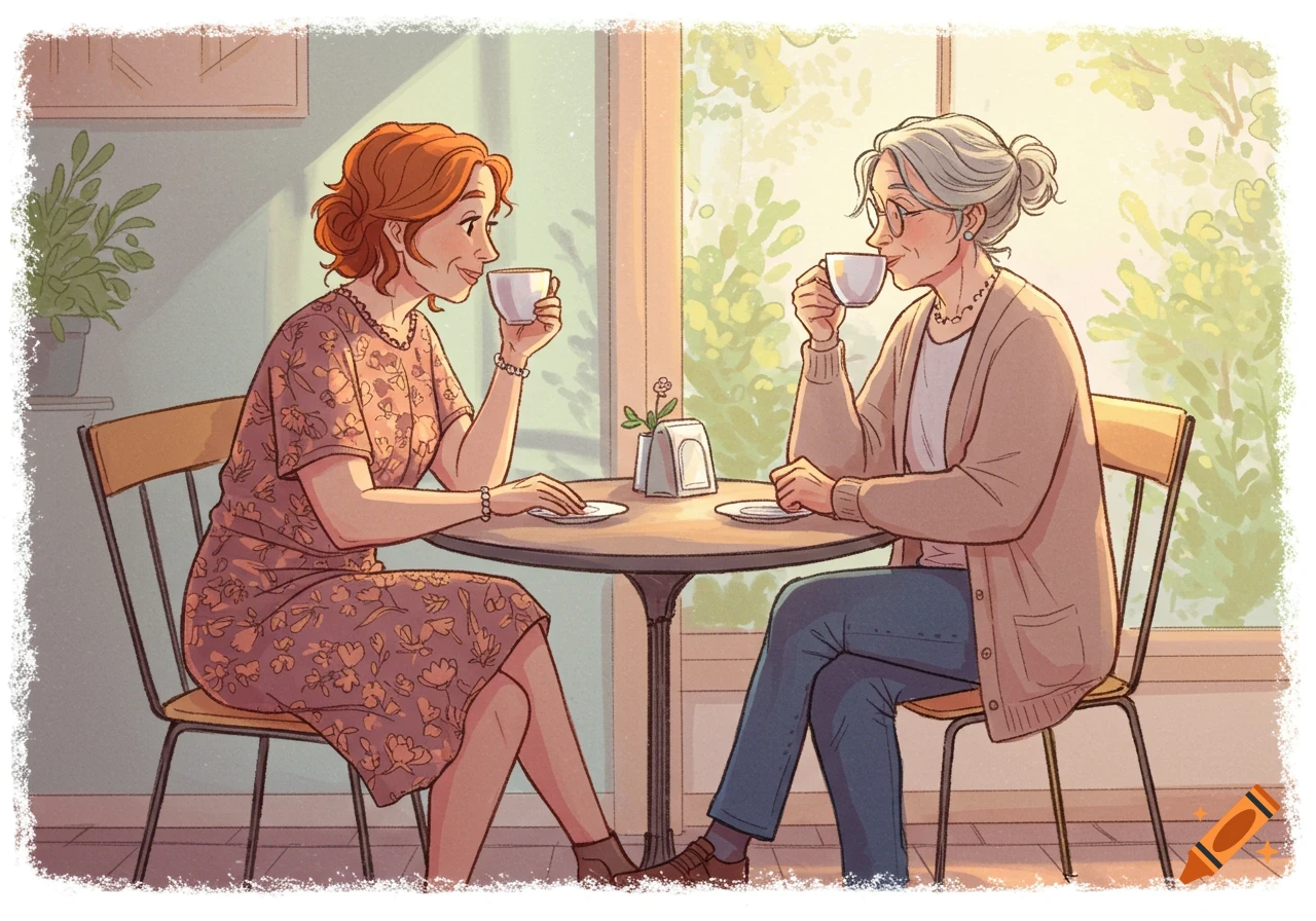 Drawing of two women talking over coffee in a sunny cafe.