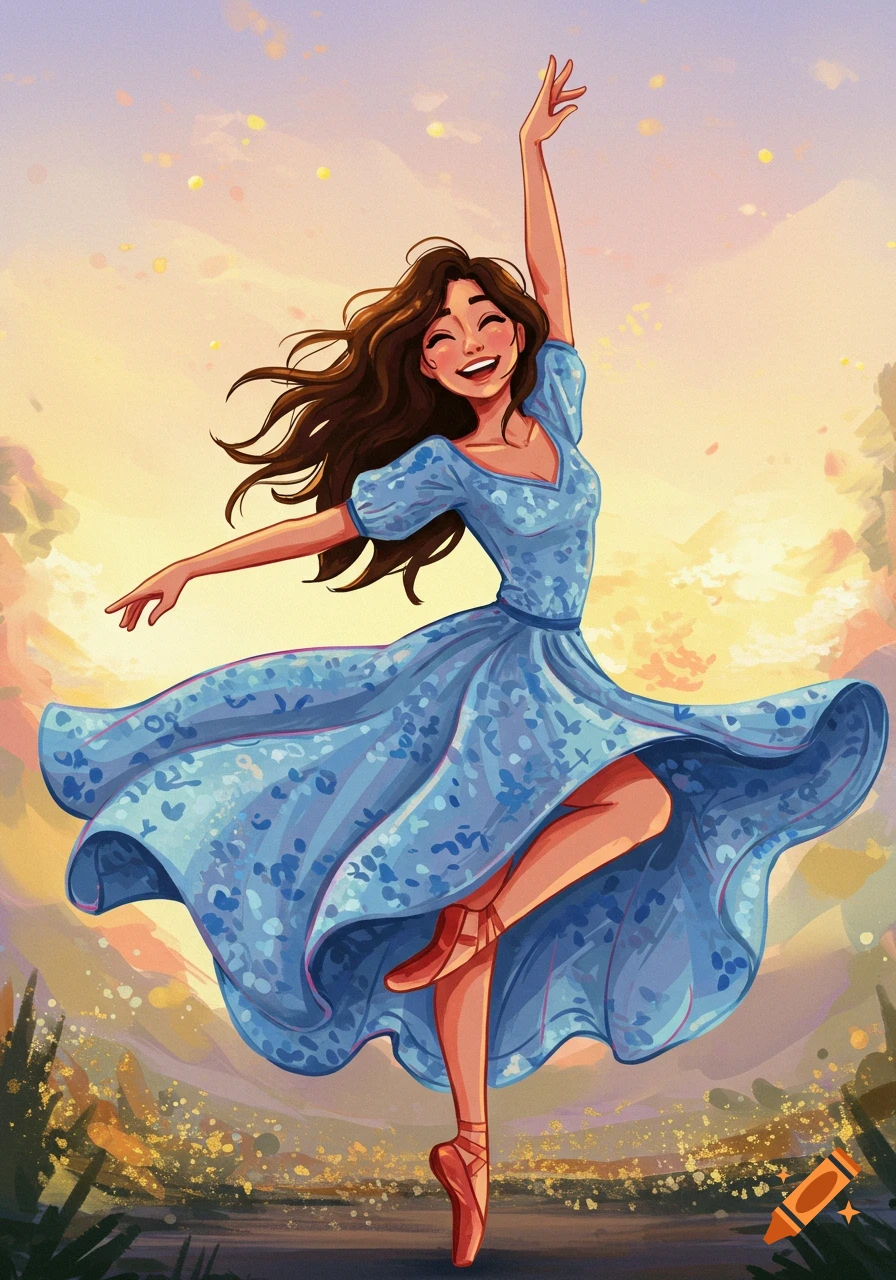 Stylized illustration of a woman in a blue dress dancing happily