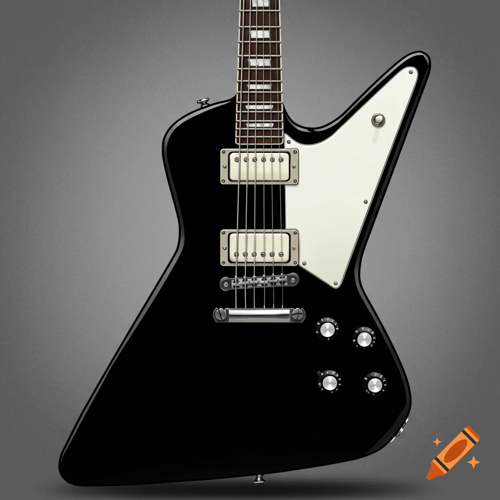 A black Gibson Explorer electric guitar with white pickups and pickguard on a gray background.