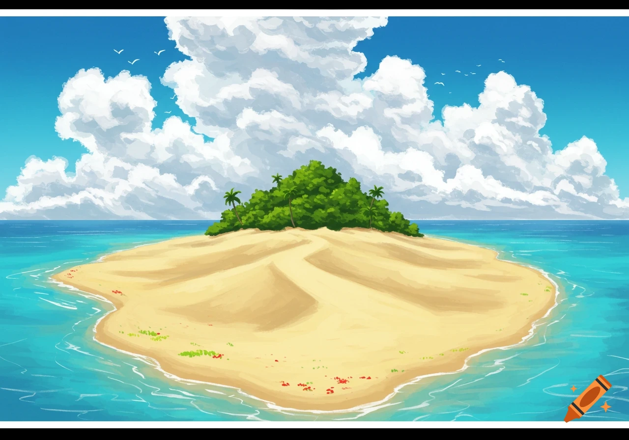 Illustration of a lush tropical island in the ocean with large clouds and birds.