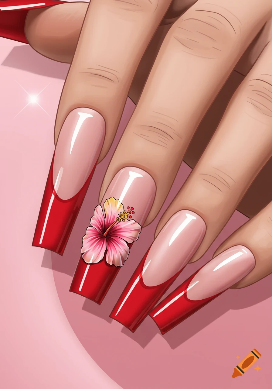 Close-up illustration of a hand with long square red french tip nails and a pink hibiscus flower.