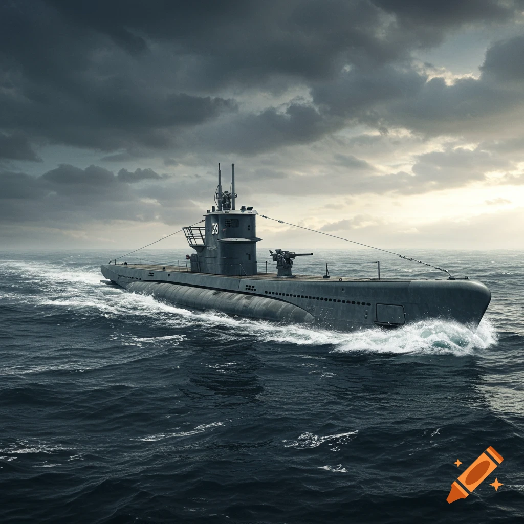 Photorealistic image of a WWII U-boat submarine on the ocean under stormy clouds.