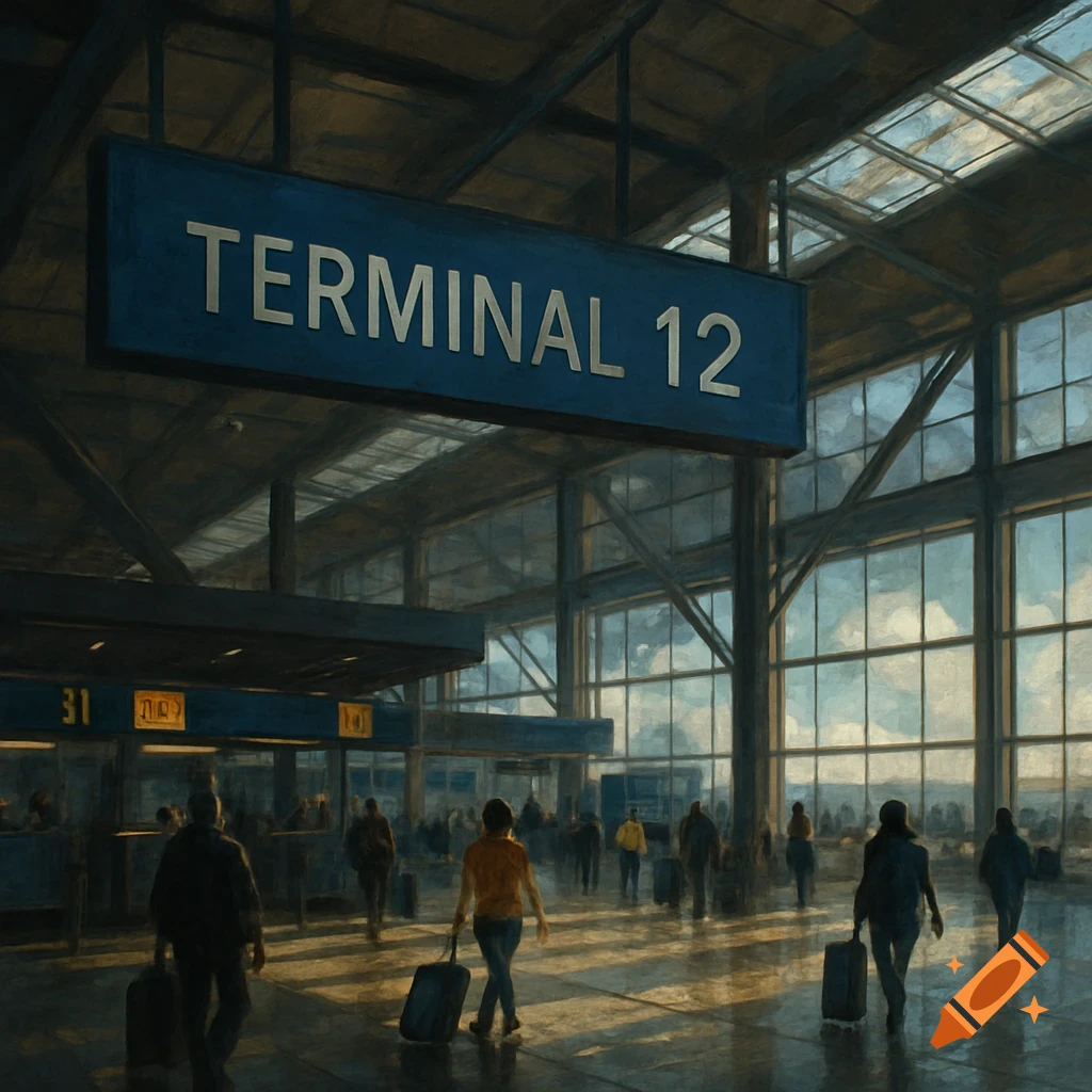 People walking through a large airport terminal with a 'Terminal 12' sign overhead, painted style