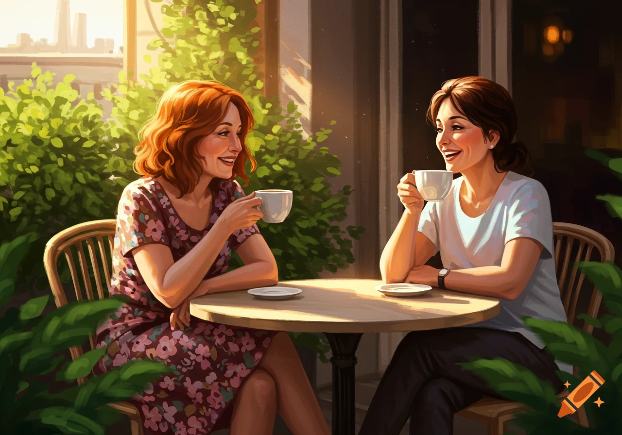 Two women smiling and talking over coffee at an outdoor cafe, painted style.