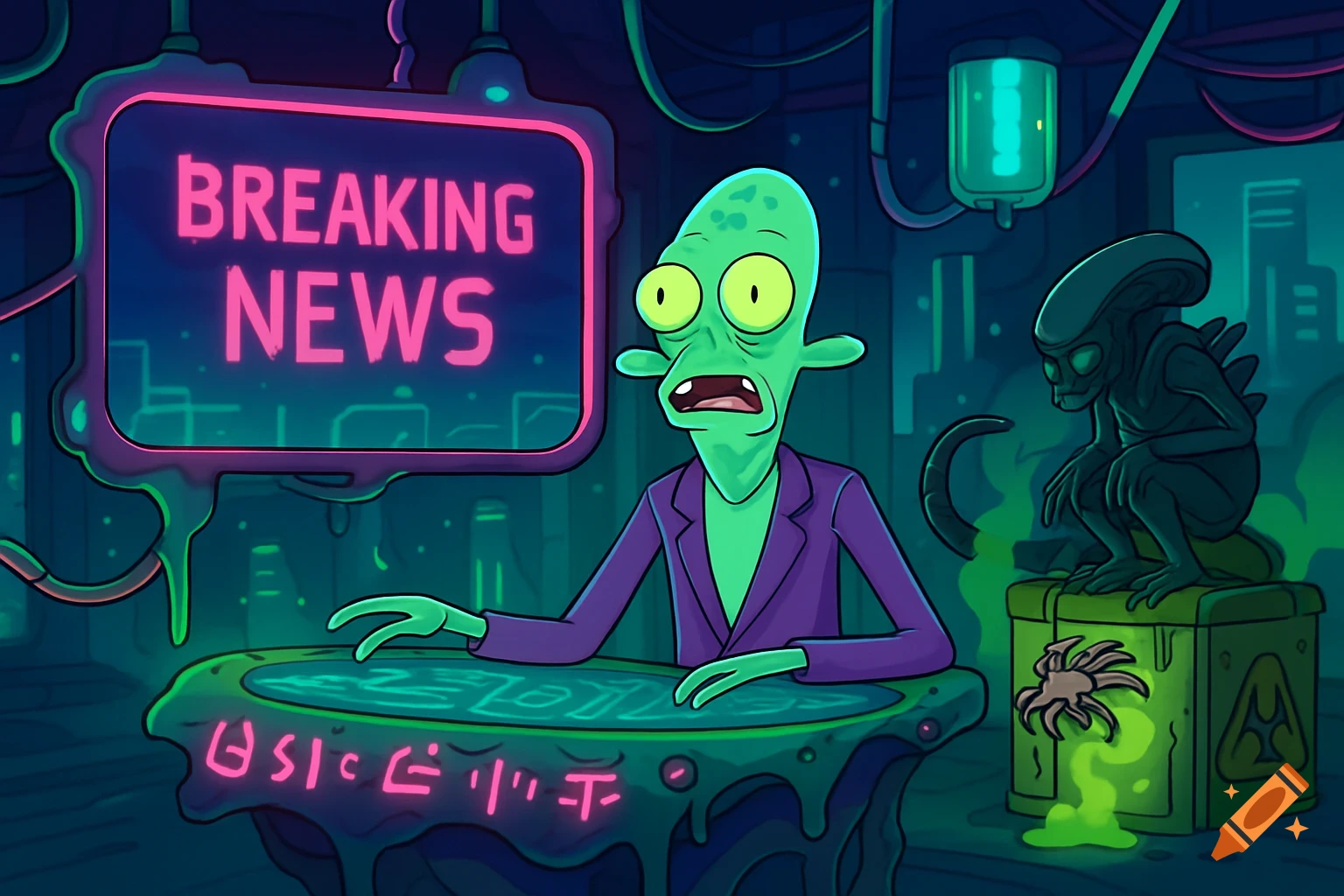 Green alien news anchor at a desk with 'BREAKING NEWS' sign, alien statue, and facehugger in sci-fi cartoon style.