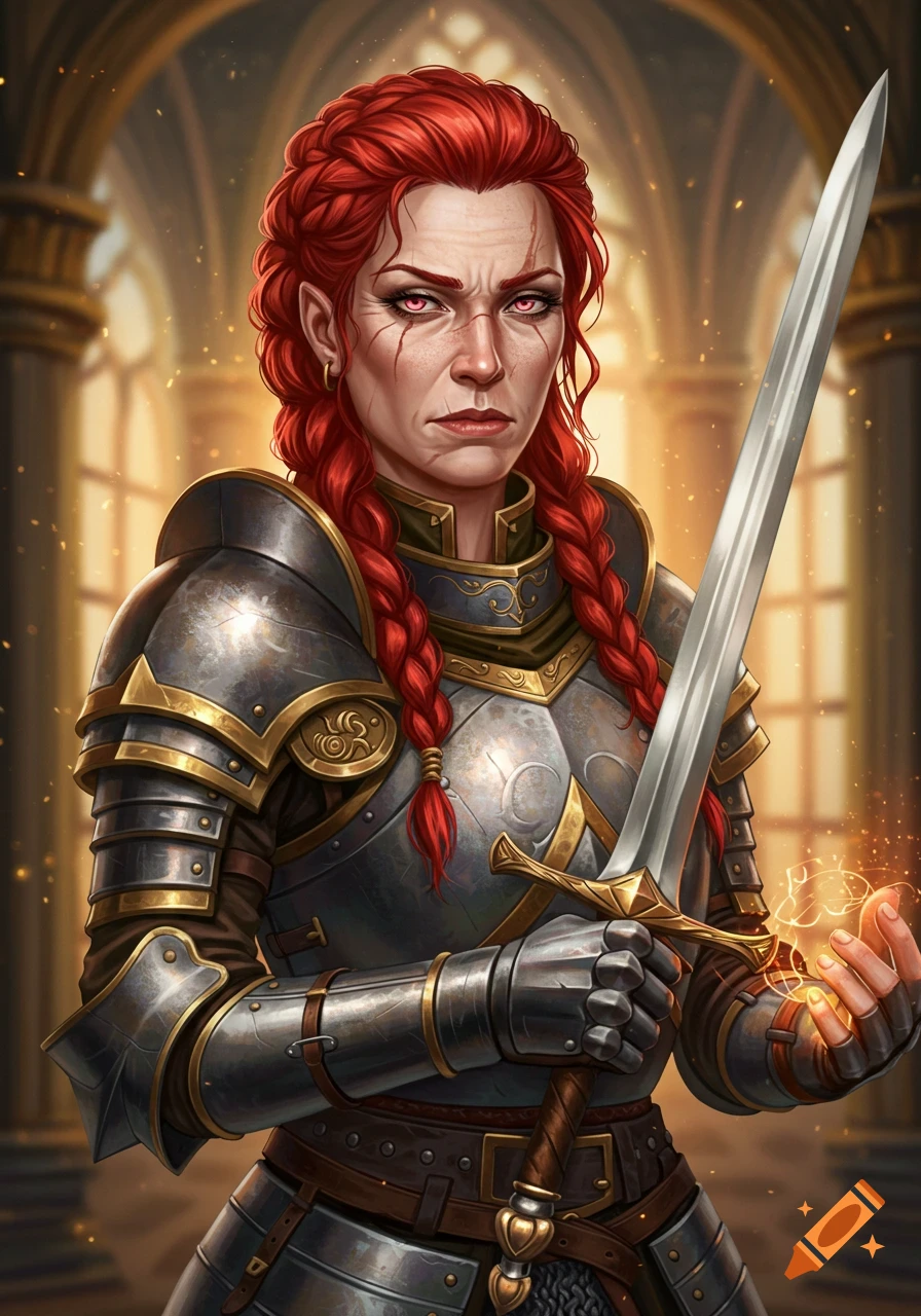 Fantasy portrait of a red-haired middle-aged woman warrior in armor holding a sword and magic.