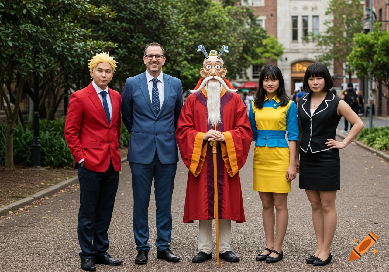 Five people, including one dressed as Grandmaster Oogway, pose outdoors.