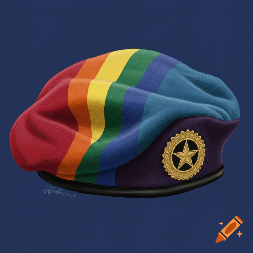 A purple military-style beret features a rainbow stripe pattern and a gold medal on a blue background.