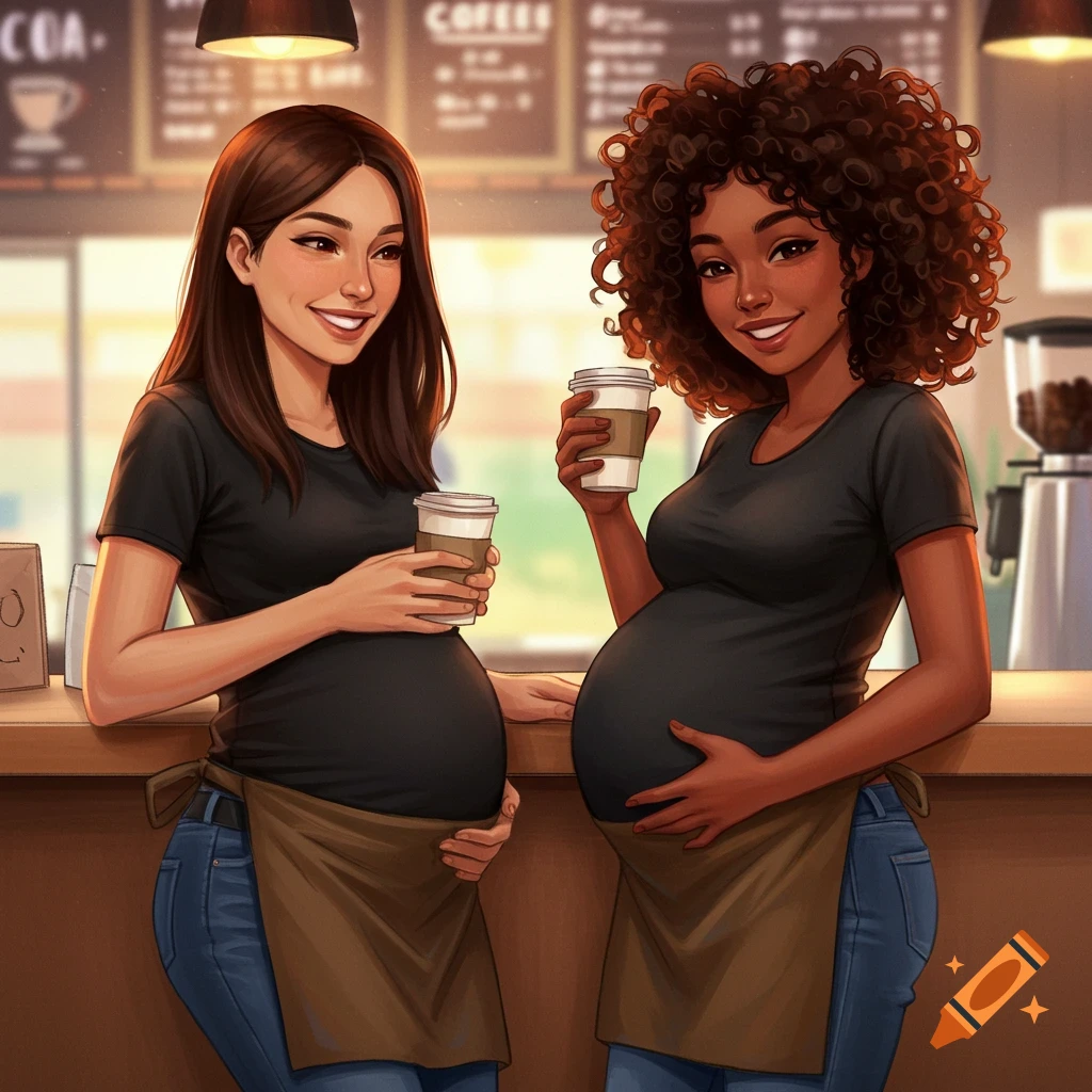 Two pregnant women in cafe uniforms hold coffee cups behind a counter, illustration.