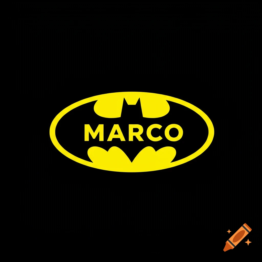 Yellow Batman logo with the name Marco inside on a black background.