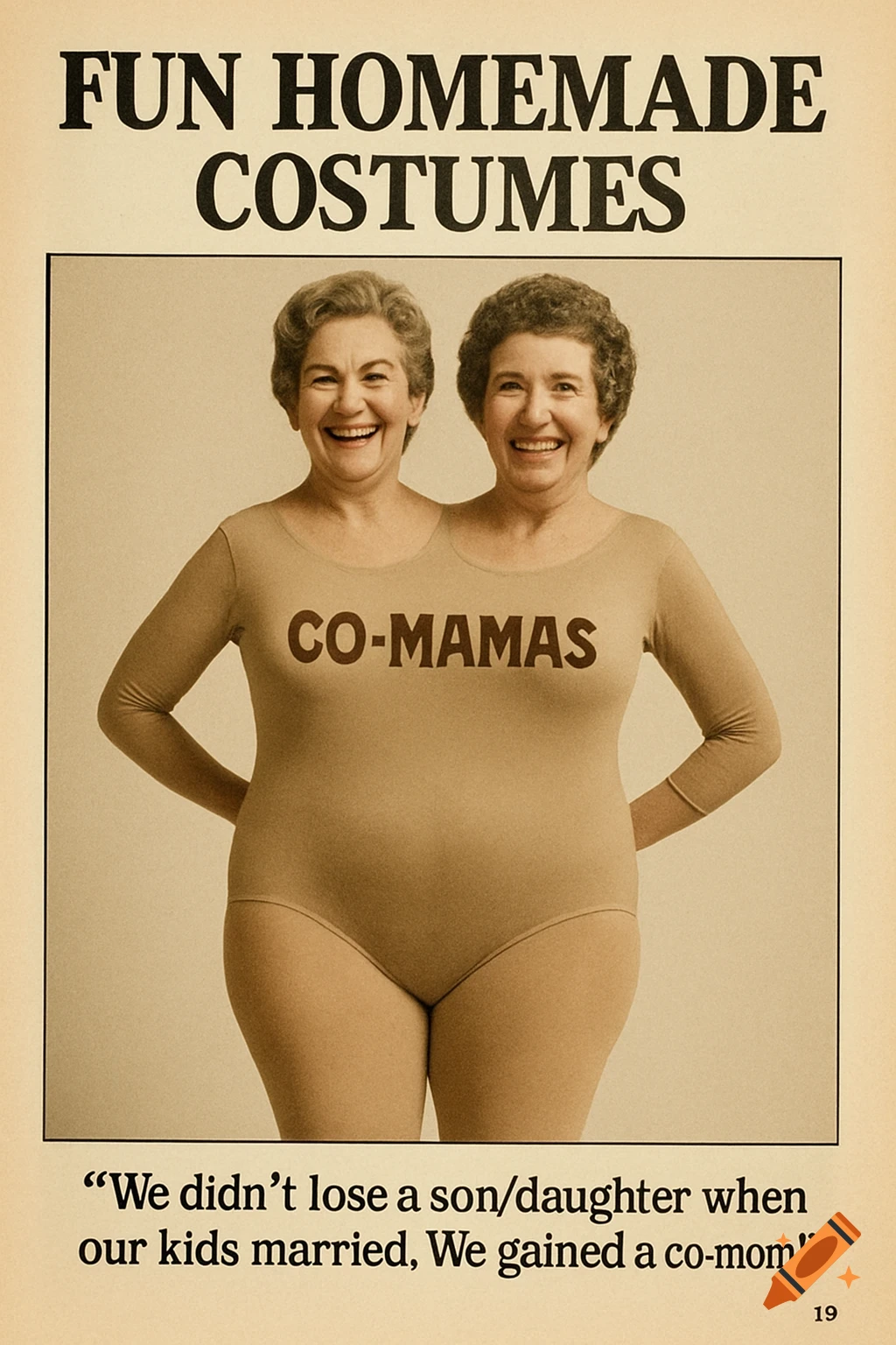 Vintage style image of two older women in a homemade conjoined costume reading 'Co-Mamas'.
