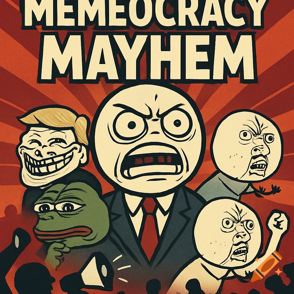 Propaganda style image featuring popular meme characters like Trollface, Pepe, and Wojak under the text 'MEMEOCRACY MAYHEM'.