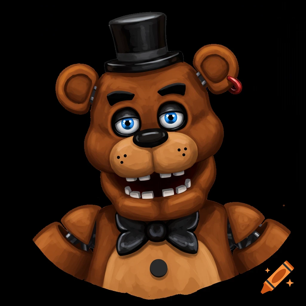 Illustration of a brown bear animatronic with blue eyes, black top hat, bow tie, and a red earring.