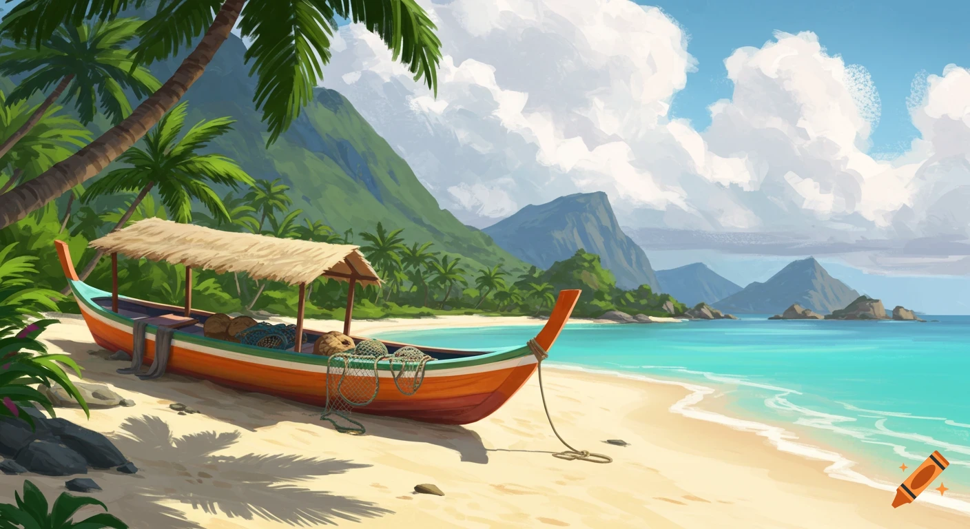 A colorful boat rests on a tropical beach with palm trees, mountains, and clear blue water.