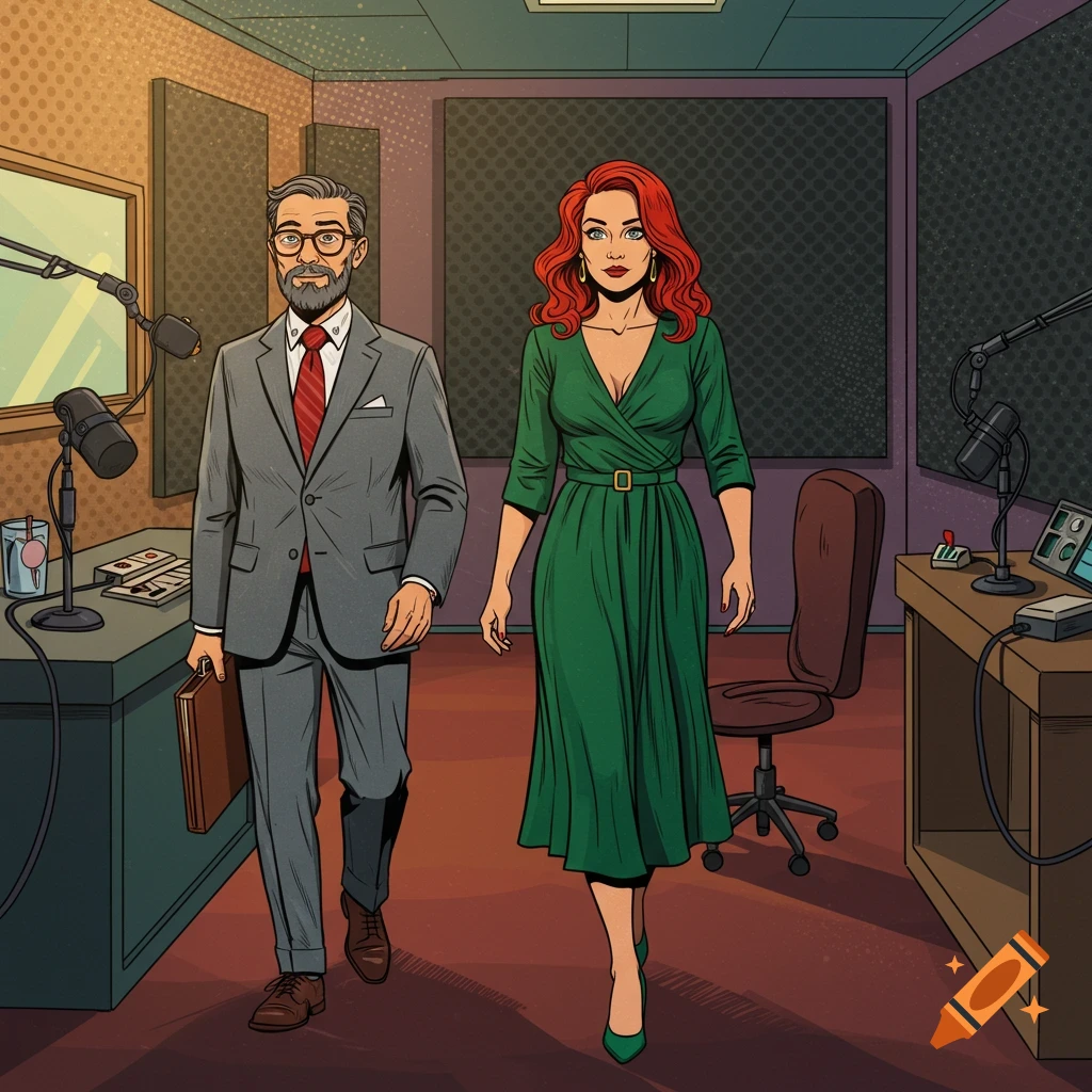 A man and woman in a podcast studio drawn in a comic book style.